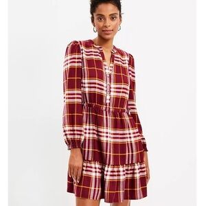 Loft Plaid Side Tie Long Sleeve Dress